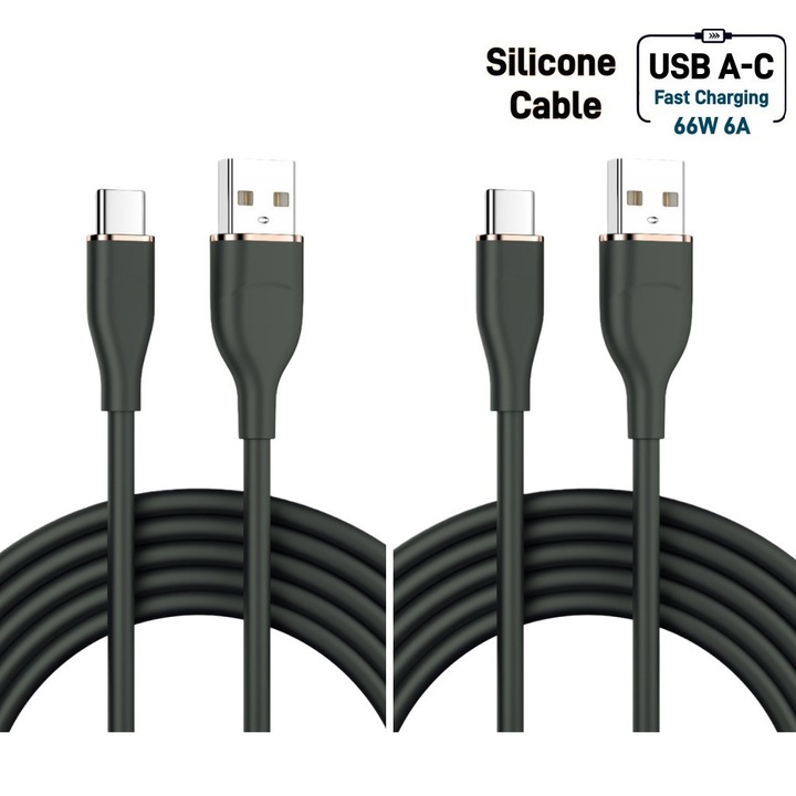 Кабели Sugxia, 2 броя, USB-A към USB-C, 66W, QC3.0, Интелигентен чип, 2м, Течен силикон, Бързо зареждане, Съвместими със Samsung, Huawei, Xiaomi, OPPO, VIVO, OnePlus, Черен