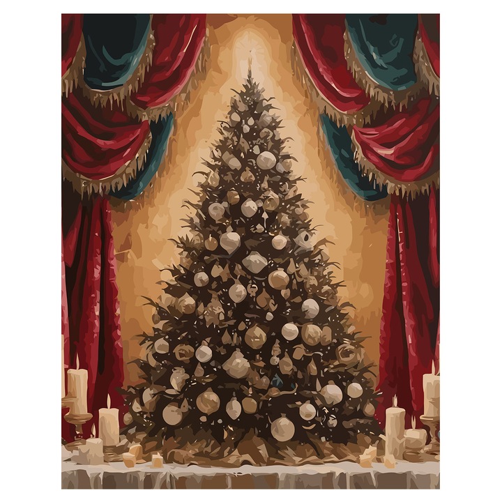 Set pictura pe numere Decoratiuni de Craciun 6146, panza bumbac pe rama lemn, 40x50 cm, tablou cu schita, 3 pensule si vopsea acrilica