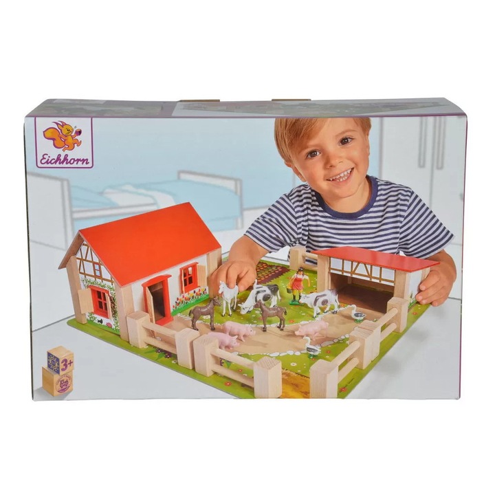 Joc educativ Simba Ferma, 21 accesorii, lemn, 38x35 cm, 3 ani+