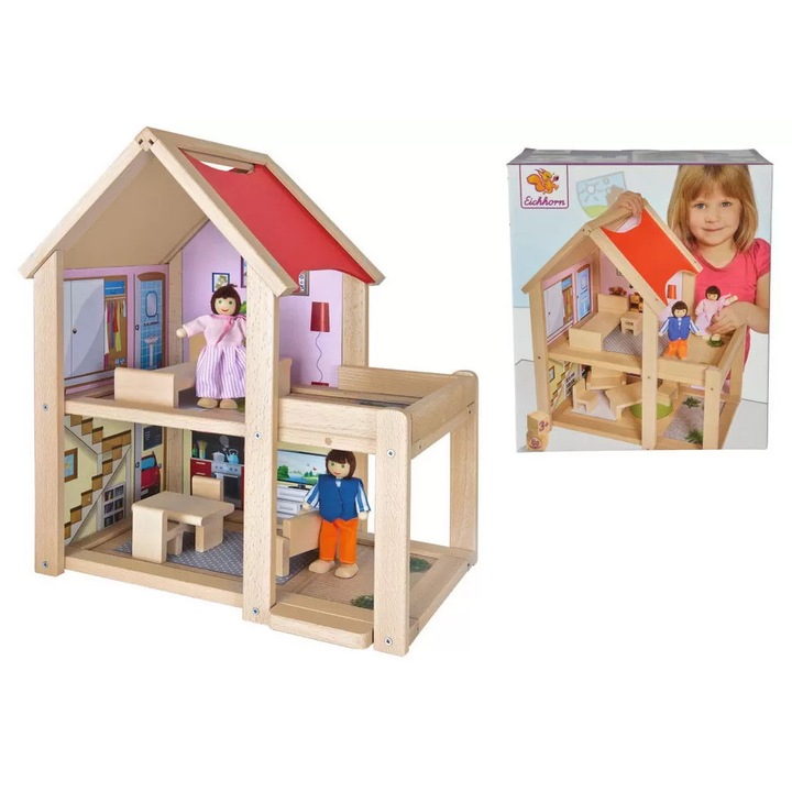 Casă pentru păpuși din lemn, Simba, 2 camere mobilate, 2 păpuși, 22, 5x41x36cm