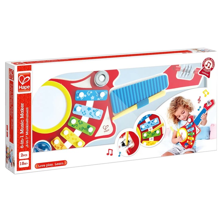 Set educativ Hape, Music Maker 6-in-1, tambur, xilofon, multicolor, 1 an
