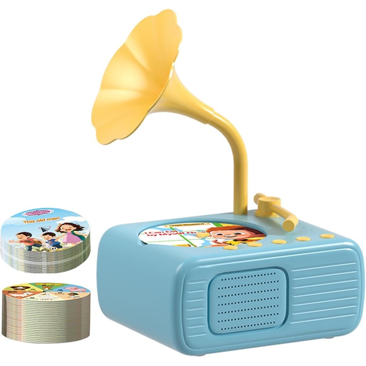 Jucarie muzicala, Mini-Patefon Educativ cu Povesti si Muzica, 96 carduri, albastru