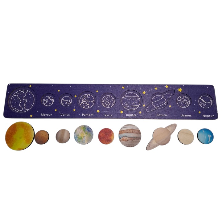 Joc educativ in limba Romana din lemn Sistemul Solar, 30x7 cm, multicolor, Toyska®