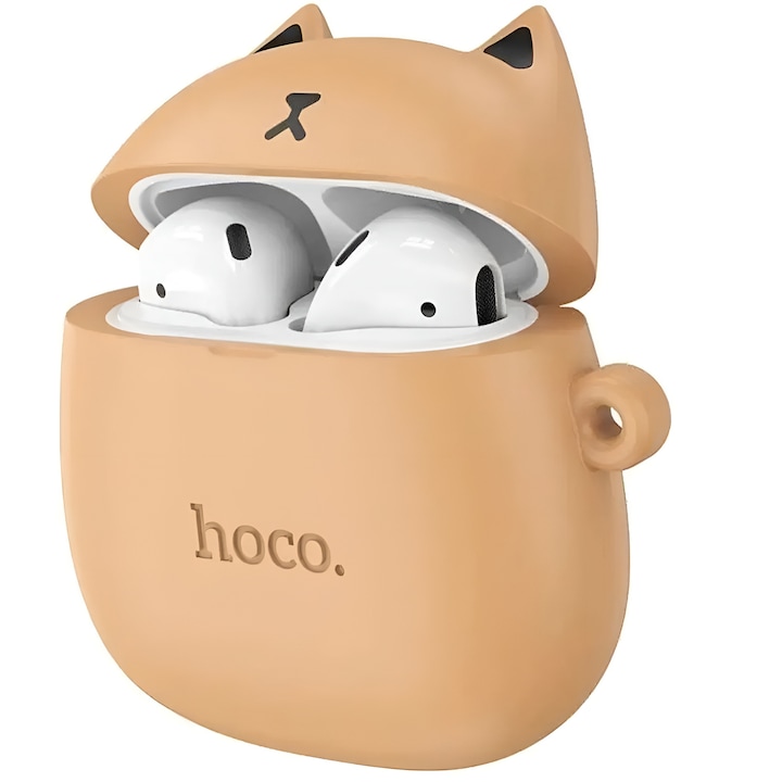 Casti Wireless Hoco EW45 Vezeték nélküli fülhallgató, Bluetooth 5.3, Ear Buds, 350mAh, Husa CatCase, Karamell
