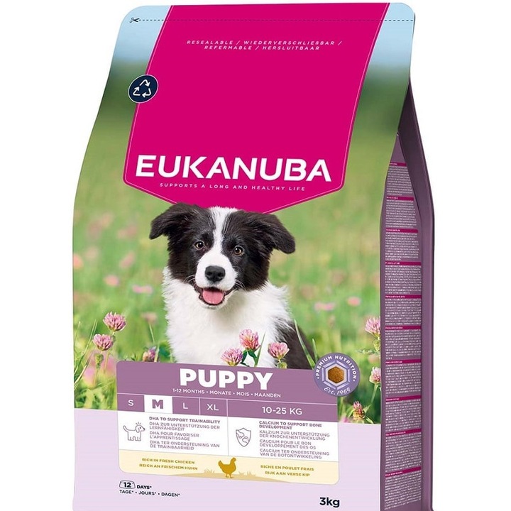 EUKANUBA Puppy Medium Breeds Chicken 3 kg hrana catei rase medii cu pui proaspat