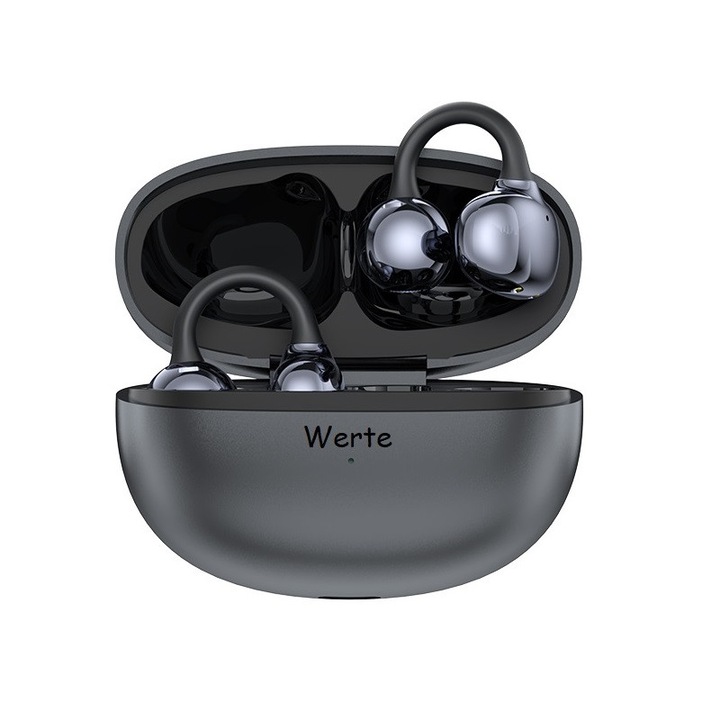 Casti wireless OWS Clip-Ear WERTE, Bluetooth BT 5.4, Microfon Audio HD, Control touch, Latenta Wireless < 30 ms, IPX4, Sport, Universale, Compatibile Android si iPhone - iOS, Negru metalic