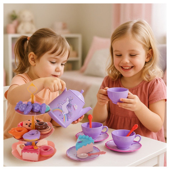 Set jucarie educativa 48 de piese pentru petrecerea de ceai KESNUP, ideal pentru copii 3+ ani, include ceainic, cesti, farfurii, tacamuri, bomboane, gogosi, macarons, fursecuri, geanta de protectie si transport cu unicorn, Multicolor