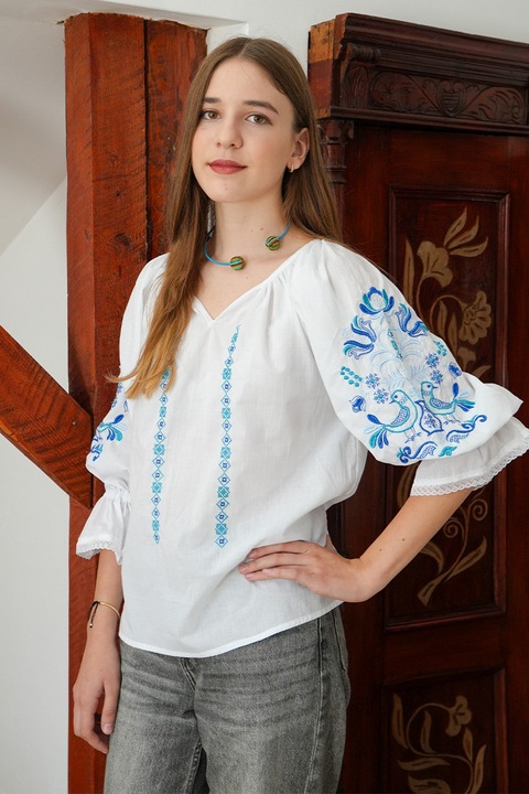 Bluza femei, Ii Breaza, model Ileana, broderie albastră, alb, mărimea S