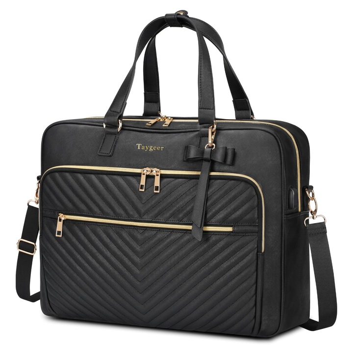 Geantă laptop Taygeer, 17 inch, piele hidrofugă, convertibil, negru