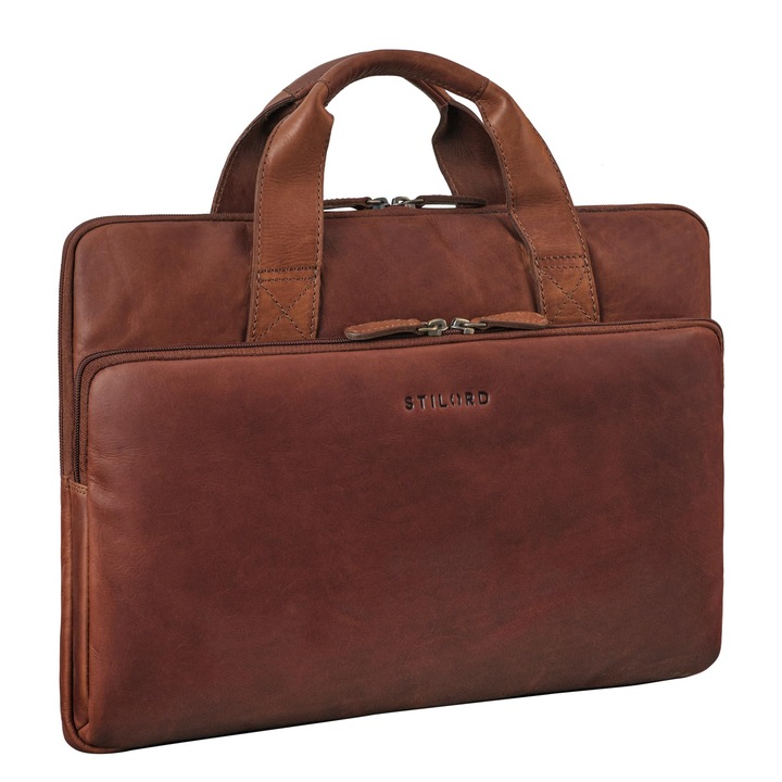 Geantă laptop STILORD Beau, piele, compartiment laptop 16 inch, coniac - maro