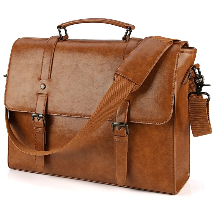 Servietă din piele pentru laptop Lubardy, 15.6 inch, impermeabilă, vintage, neagră