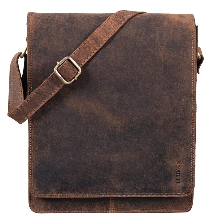 Servietă din piele pentru laptop 13 inch, LeaBags, vintage, cu curea de umăr, pentru bărbați