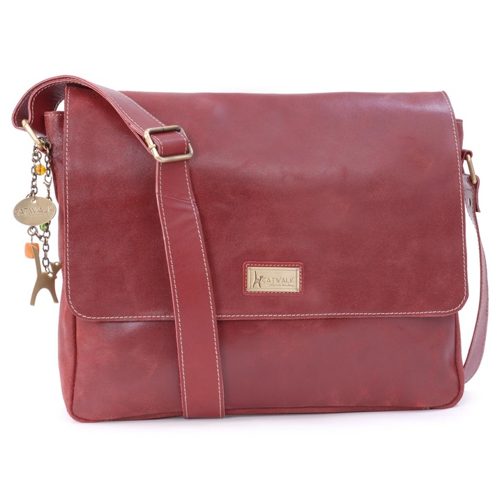 Geantă de laptop Catwalk Collection, piele, roșie, 14x15 inch, geantă de umăr mare