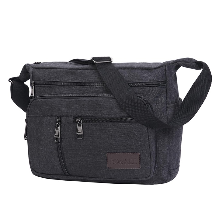 Geantă messenger Bomkee, mare, din pânză, pentru laptop 15.6 inch, neagră