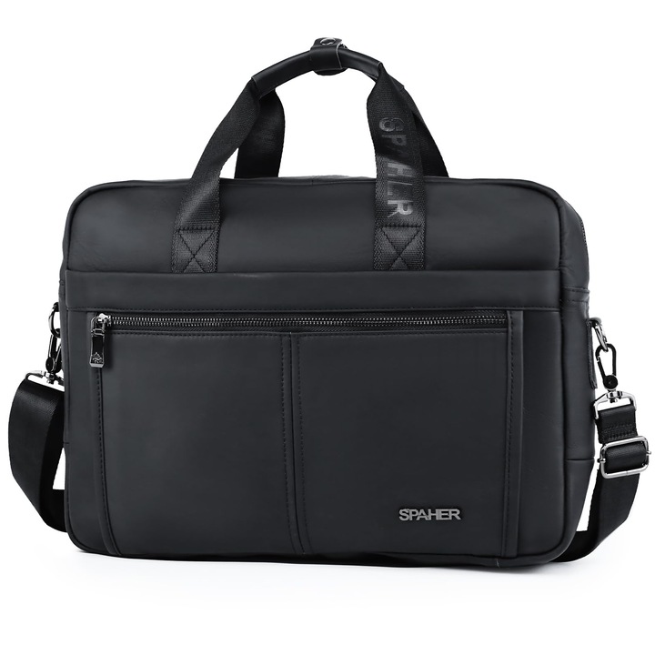 Geantă laptop, SPAHER, servietă 15.6 inch, piele naturală, geantă de umăr pentru bărbați