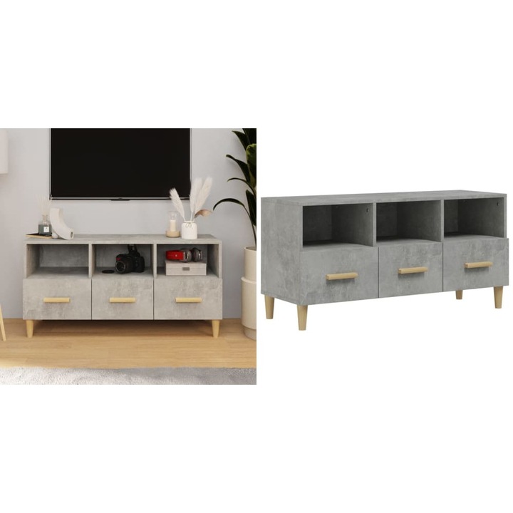 Dulap TV, gri beton, 102x36x50 cm, lemn prelucrat