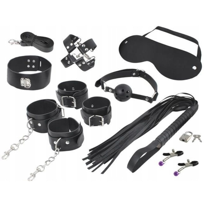 Set accesorii erotice pentru cupluri, 13 piese, din piele ecologica, negru – accesorii pentru relaxare si activitati in doi