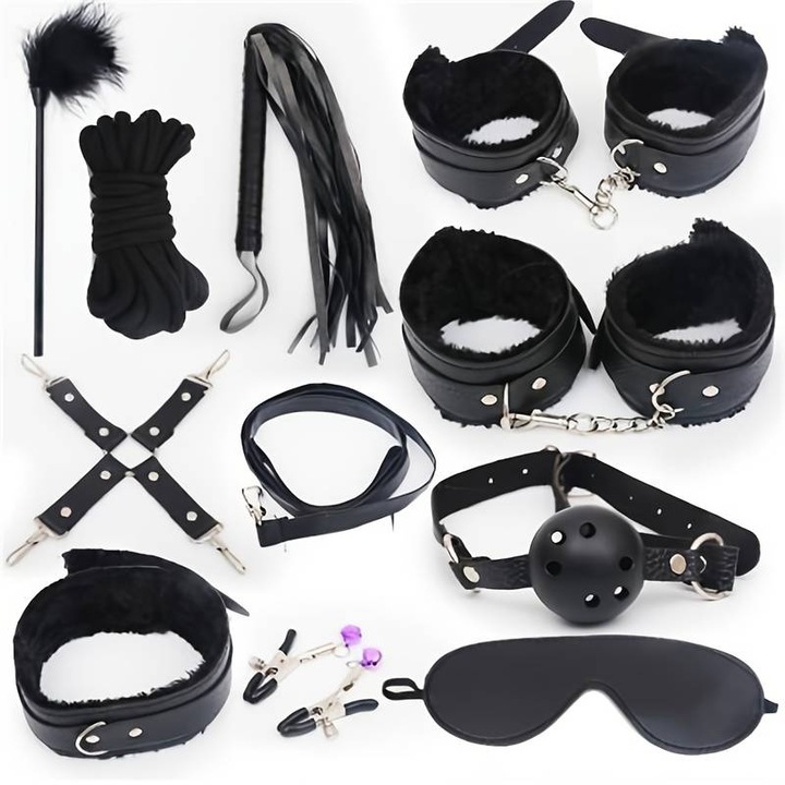 Set cadou accesorii erotice 12 piese – negru din piele ecologica, negru – accesorii pentru relaxare si activitati in doi