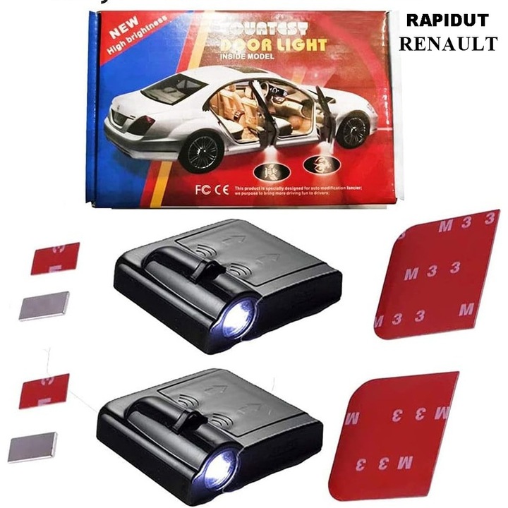 Set 2 proiectoare logo “RENAULT”, RAPIDUT®, Lumina LED pentru usa, Suport cu banda dublu, Proiectie HD, Holograma auto, Comutator inteligent cu senzor, 6, 7x6, 5 cm, Negru