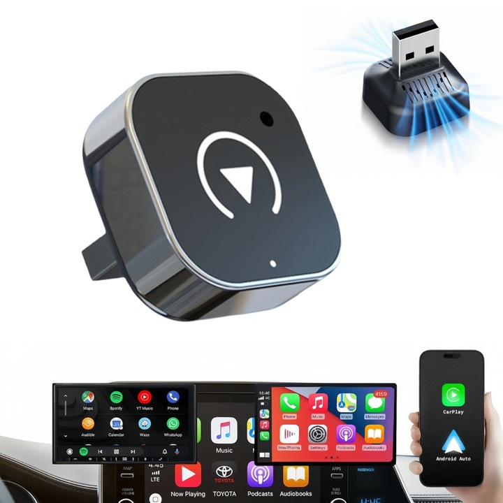 Adaptor wireless CarPlay & Android Auto, LITFIV, Plug&Play, WiFi 2.4/5GHz, Gri/Argintiu, 23x23x13mm