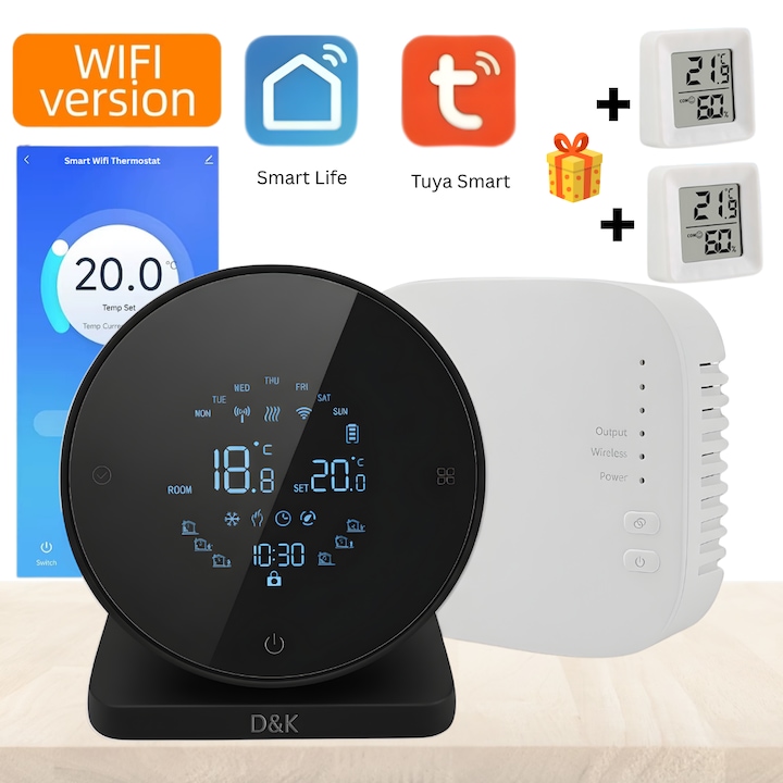 Intelligens szobatermosztát, WiFi, RF vezeték nélküli, Interneten/telefonon keresztül vezérelhető, bármilyen kazánnal kompatibilis, programozható, vevőegységgel, Tuya / Google Home / Alexa, Ajándék 2 x páratartalom-mérő, Fekete