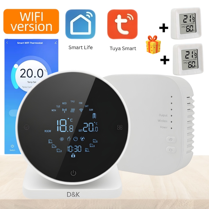 Intelligens szobatermosztát, WiFi, RF vezeték nélküli, Tuya / Google Home / Alexa internetről/telefonról vezérelhető, bármilyen kazánnal kompatibilis, programozható, vevőegységgel, ajándék 2 x higrométer, FEHÉR