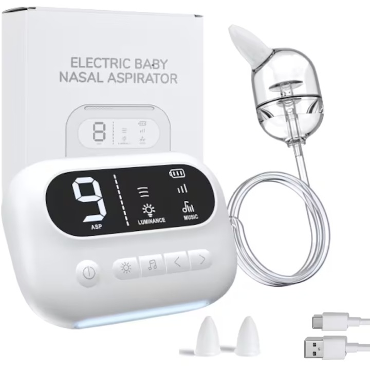 Aspirator nazal electric Zefini BC027 pentru bebelusi, 9 trepte de Absorbtie, Silentios, putere 70KPA, Muzica, Lumini, ecran LCD, Silicon moale BPA Free, Incarcare USB-Type C, Alb