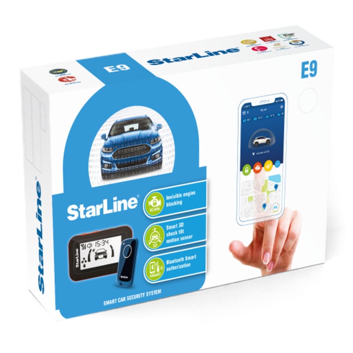 Alarma auto Starline E9V3Eco, telecomandă pager LCD, control Bluetooth, senzor 3D