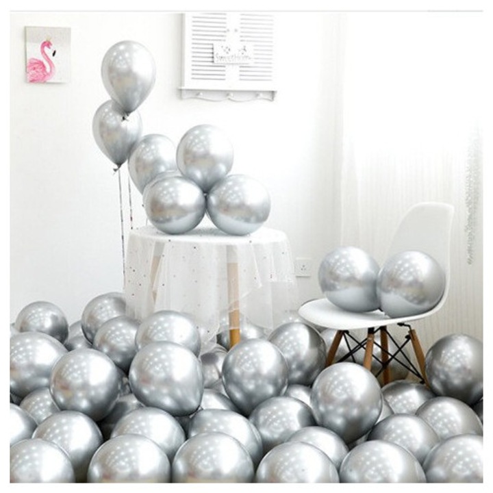 Комплект 12 балона, Flippy, от латекс хром, 25 см, сребристи