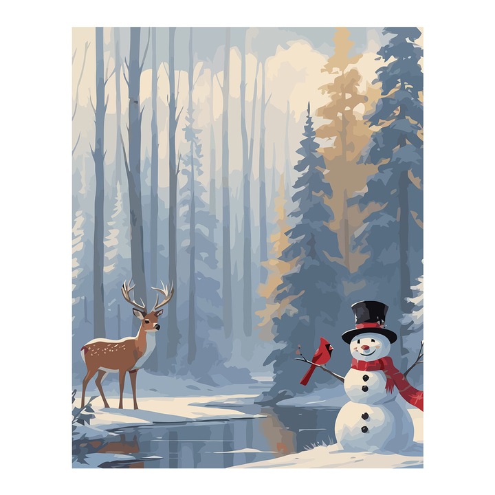 Set pictura pe numere Peisaj de iarna 6154, panza bumbac pe rama lemn, 40x50 cm, tablou cu schita, 3 pensule si vopsea acrilica