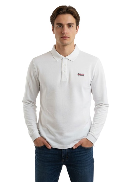 Férfi Jean-Louis Scherrer galléros póló, fehér, pamut, hosszú ujjú, 2XL INTL