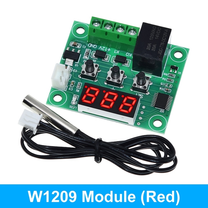 Termostat digital HX-W1209 cu afisaj rosu, releu de comanda si senzor NTC, DC 12V