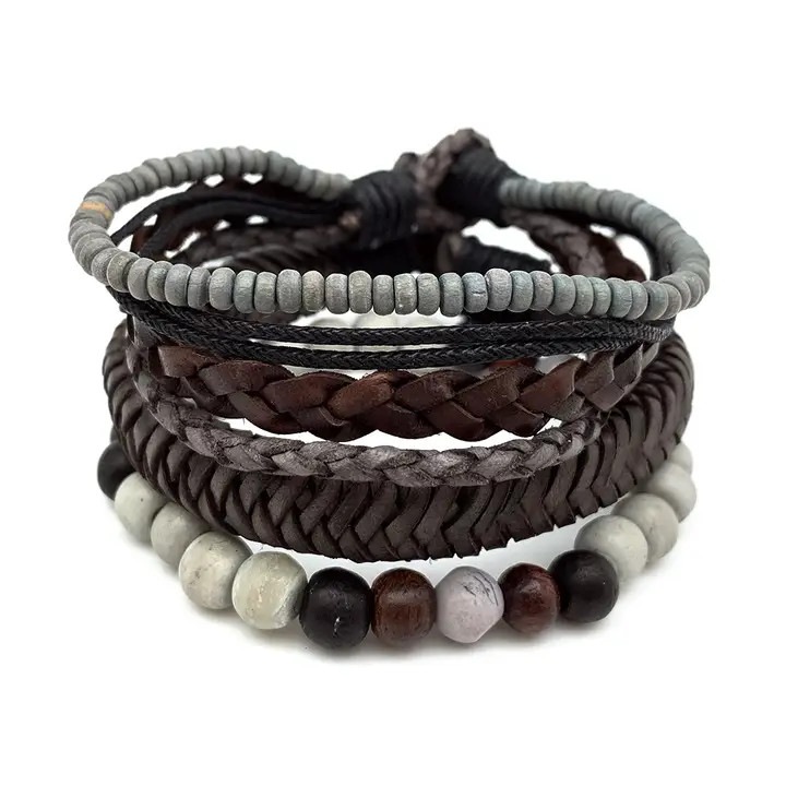 Set bratara barbati din piele, agat si lemn, Power