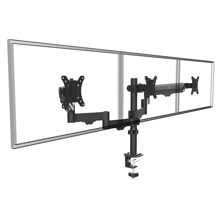 Стойка за 3 монитора Maclean MC-137, газов амортисьор, 17–27'', макс. 8кг, пълно регулиране, VESA 75x75/100x100, монтаж на бюро, черна