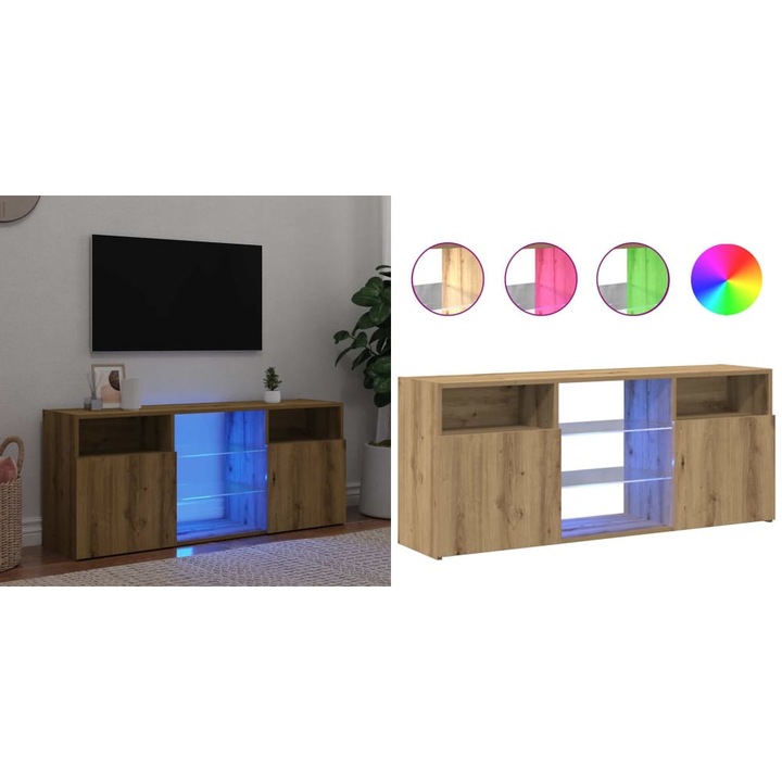 Dulap TV cu LED stejar artizanal 120x30x50 cm lemn prelucrat