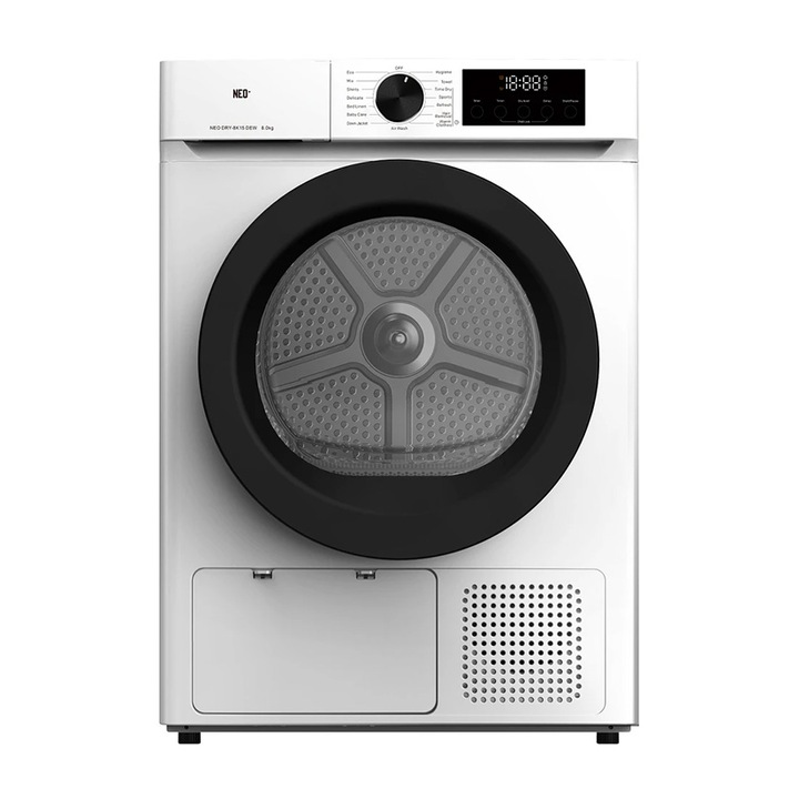 Uscator de rufe NEO DRY-8K15 DEW, Pompa de caldura, Start intarziat, Afisaj LED, 8 kg, Clasa E, Alb