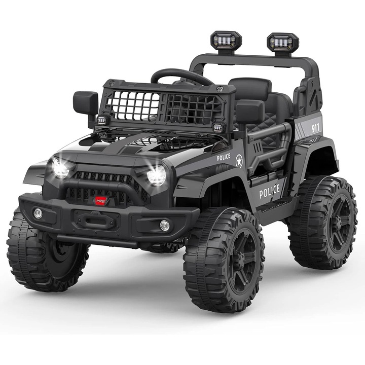 Elektromos gyerekautó, Terepjáró ride-on autó, 12V, Felfüggesztés, LED világítás, Bluetooth, 2 sebesség, Fekete