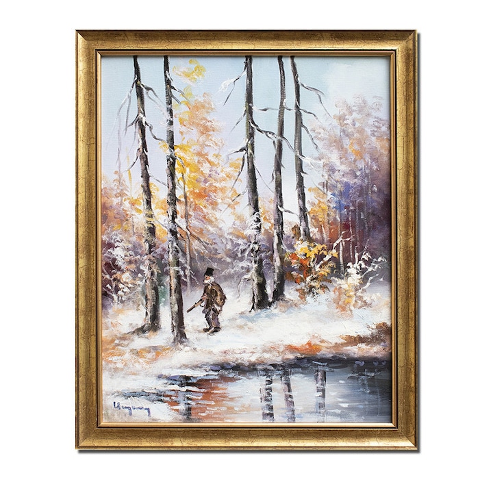 Tablou peisaj de iarna cu vanator pictat manual inramat, 55x45cm ulei pe panza, rama din lemn, Geo Ungureanu