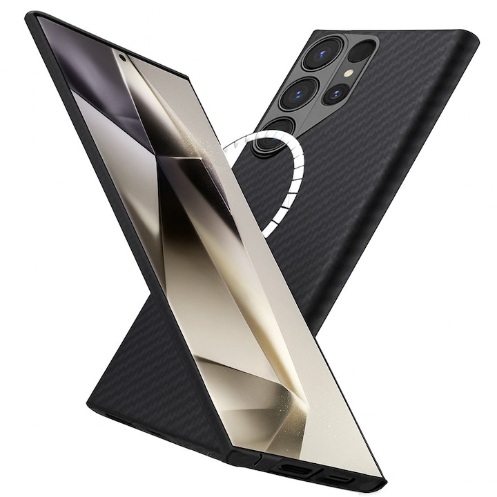 Husa din fibra de aramida/Kevlar pentru Samsung Galaxy S24 Ultra Daden®, MagSafe Integrat, Protectie Antisoc, Camera Ultra Safe, Negru