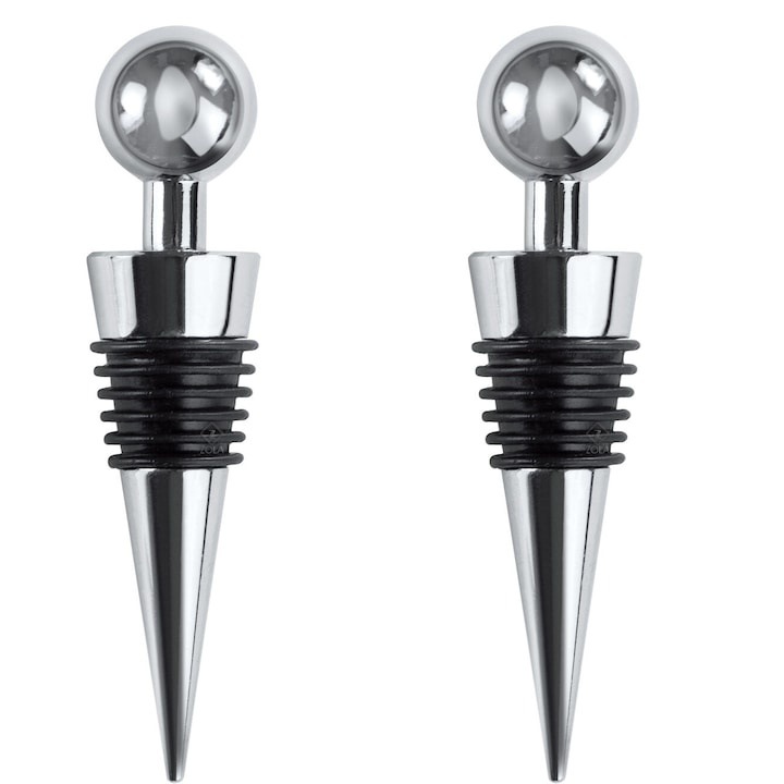 Set 2 dopuri pentru sticla de vin, din plastic si silicon, 9 cm, argintiu/negru – etansare perfecta si design elegant