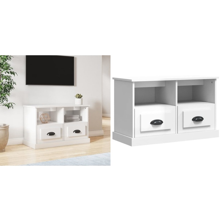 Comoda TV, alb extralucios, 80x35x50 cm, lemn prelucrat