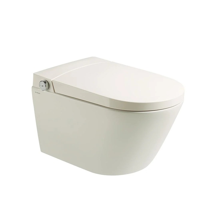 Set vas WC Smart Yoda, alb lucios, suspendat, cadru incastrabil inclus, cu deschidere automata si multiple functii prin senzori, Elysium