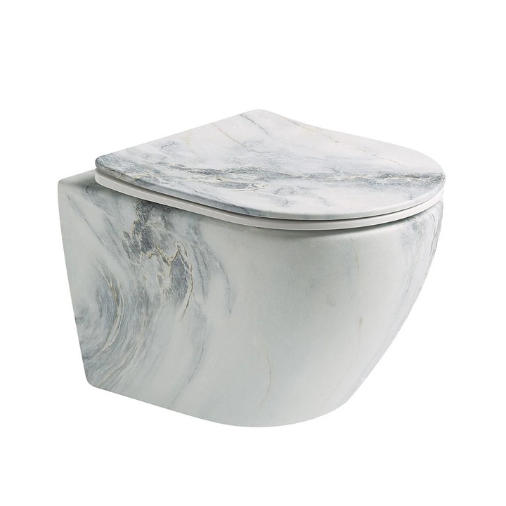 Vas WC Braga, Elysium, montaj suspendat, ceramica sanitara, imitatie marmura Blue vein, rimless, soft-close