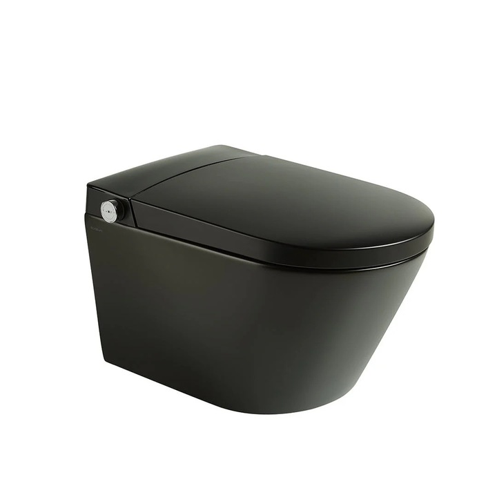 Set vas WC Smart Yoda, negru mat, suspendat, cadru incastrabil inclus, cu deschidere automata si multiple functii prin senzori, Elysium