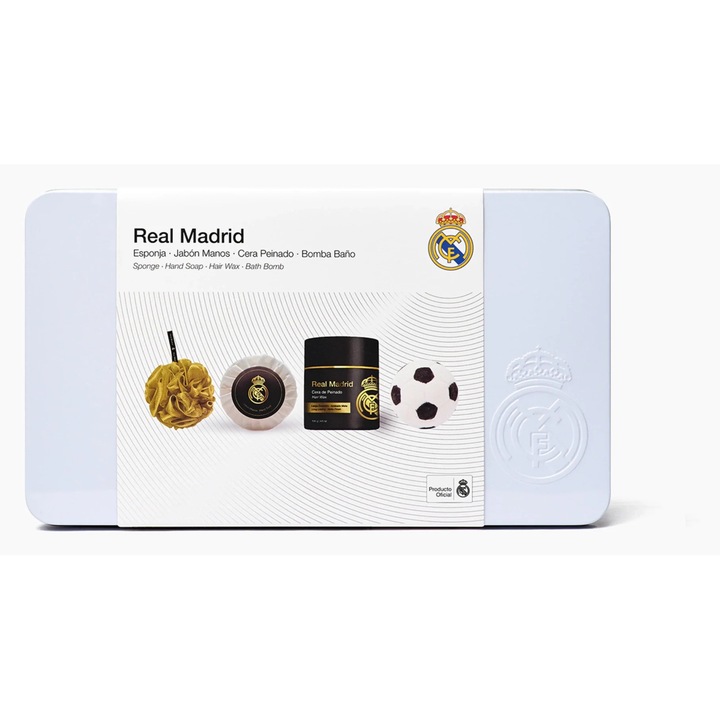 Set cadou pentru barbati, cosmetice par si corp in cutie metalica, Real Madrid, 4 articole