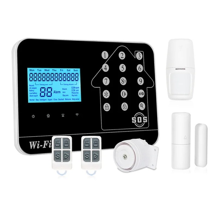 Sistem de alarma wireless pentru casa, retea tripla WiFi GSM PSTN, control vocal, negru