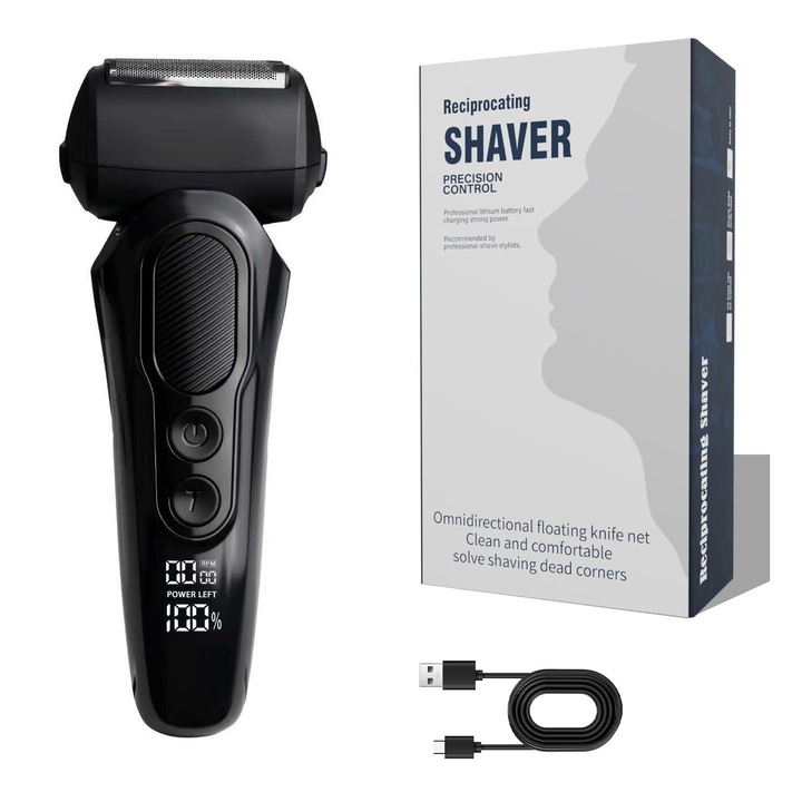 Електрическа самобръсначка за мъже, Qtenzivize, 3 плаващи остриета, LED дисплей, 80 мин. автономност, Сухо и мокро бръснене, 3 скорости, Изскачащ тример за бакенбарди, Електрическа самобръсначка, Черна