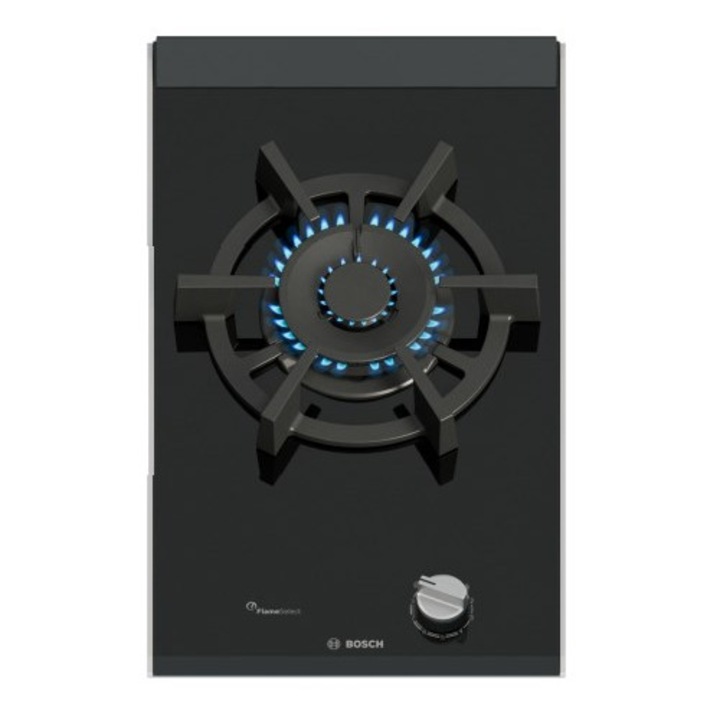 Plita pe Gaz Bosch Serie 8 PRA3A6I10, 30 cm, 1 Arzator Wok, FlameSelect, Aprindere Electrica, Gratar Fonta, Negru