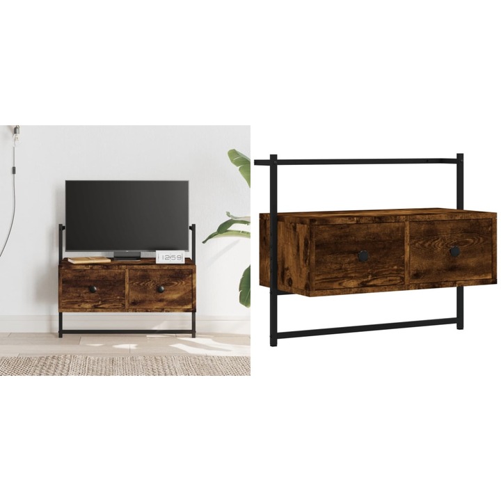 Dulap TV montat pe perete, stejar fumuriu, 60, 5x30x51 cm, lemn