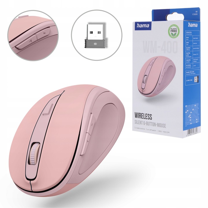 Mouse wireless Hama WM-400, ergonomic, clicuri silentioase, 1600 DPI, roz
